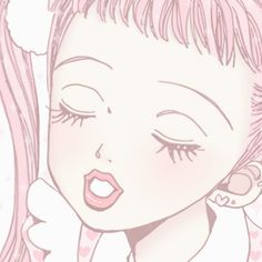 a drawing of a girl with pink hair and eyes closed, holding her hand up to her ear