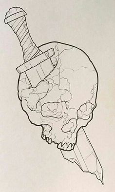 a drawing of a skull with a knife sticking out of it