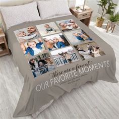 a bed covered in a blanket with pictures on it and the words, there are four favorite moments