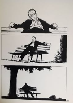 two black and white illustrations of a man sitting on a bench next to a tree