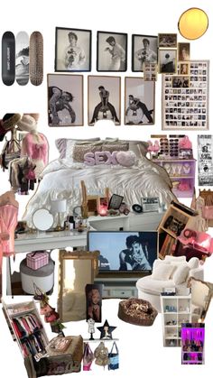 a collage of photos and furniture with pictures on the wall above them, including a bed