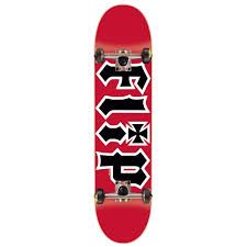 a red skateboard with black letters on it