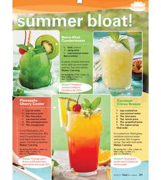 a magazine cover with different drinks on the front and back pages, including an orange drink