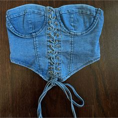 Denim Lace-Up Corset Top Brand New With Tag High Waist Blue Denim Top, Blue High-waist Cotton Denim Top, High Waist Blue Denim Cotton Top, Blue High-waist Denim Top For Spring, Spring Blue High-waist Denim Top, High-waist Blue Denim Top For Spring, High Waist Blue Denim Top For Spring, T Shirt Knot, Painted Pants