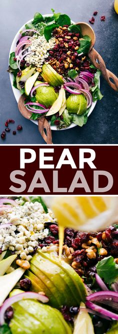 pear salad with spinach, cranberries and feta cheese on the side