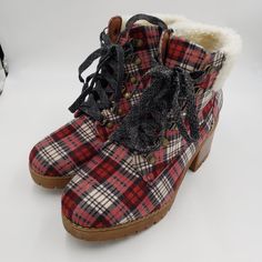 C Est. 1946 Red Plaid Pattern Chunky Heel Zipper Side Closure 2 1/2" Heel Approximate Nwot And Box 10 Wide * Bundle 2 Or More Items And Save Wide Ankle Boots, Lug Boots, Ankle Heels, Maternity Sweater, Fleece Coat, Chunky Boots, Long Sleeve Blazers, Handbag Shoes, Romper With Skirt