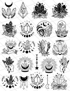 the different tattoo designs are shown in black and white, with an arrow on top