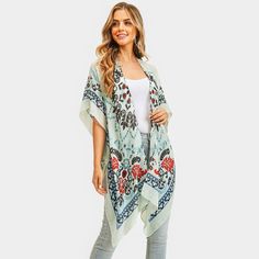 Size : 35" X 35" Material : 100% Polyester One Size Casual Patterned Kimono, Spring Casual Shawl Kimono, Casual Shawl Kimono For Spring, Casual One Size Patterned Kimono, Casual Spring Shawl Kimono, One Size Casual Poncho For Spring, Casual Wrap Poncho One Size, Casual One Size Shawl Poncho, Casual Spring Shawl