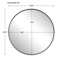 a round mirror is shown with measurements for the size and width, as well as its height