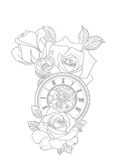 a coloring page with roses and an old pocket watch on it's front cover