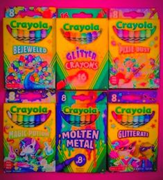 six crayola crayols are stacked on top of each other in front of a pink background