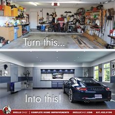 two pictures side by side one has a car in the garage and the other has an open garage door