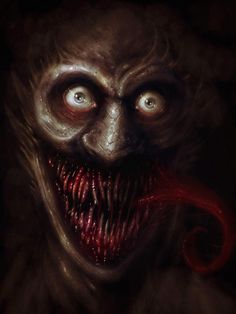 an evil looking creature with red hair and fangs on it's face, in the dark