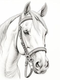 a pencil drawing of a horse's head with bridle and reins on