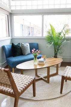 a living room filled with furniture and a potted plant on top of a table