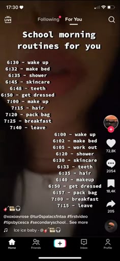 an image of a woman's face with the text school morning routine for you