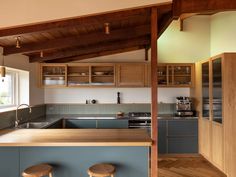 a kitchen with two stools in front of the counter