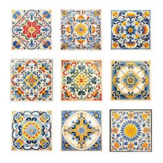 nine tiles with different designs and colors on each one side, all in different patterns