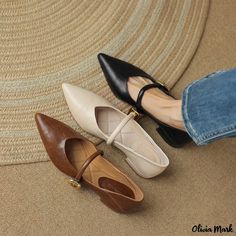 Olivia Mark - Brown Monochrome Retro Buckle Flat Shoes with Artistic Pointed Toe and Shallow Mouth Design Brown Monochrome, Pointy Shoes, Pointy Flats, Rough Heels, Mouth Design, Work Shoes Women, Classy Shoes, Buckled Flats, Slingback Shoes