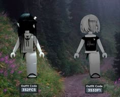 two different images of the same person walking on a path in the woods, one with an outfit code and the other without clothing code