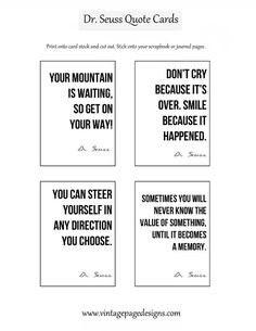 Free Dr Seuss Quote Cards - Vintage Page Designs #projectlife #graduation Scrapbooking Graduation, 8th Grade Promotion, Congrats Graduate, Journaling Quotes, Dr. Seuss, Vintage Page, Dr Seuss Quotes, Seuss Quotes