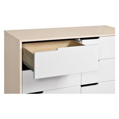 a white dresser with two drawers and an open drawer