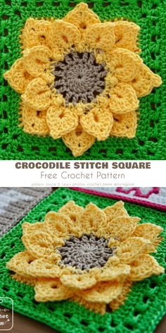 the crocheted sunflower is shown in two different colors