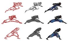 an image of some action figures in various poses on a white background with red and black lines