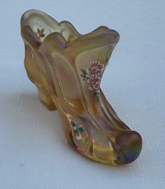 Fenton Victorian Slipper/Shoe Marigold Iridescent Glass Hand Painted floral signed by artist S. Miller. Excellent condition, no chips, no cracks. Fenton sticker and marker. Glass Art Sculpture, Slipper Shoes, Glass Sculpture, Floral Painting, Glass Collection, Halloween Shopping, Glass Art, Slippers, Figurines