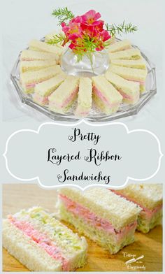 two pictures with different types of sandwiches on them and the words party layered ribbon sandwiches