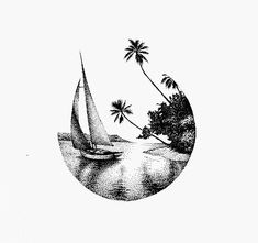 a drawing of a sailboat in the ocean with palm trees and an island behind it