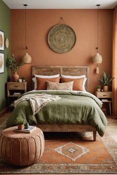 a bedroom with an orange wall, green bedding and rugs on the floor