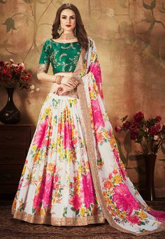 Green Floral Lehenga, White Lehenga Choli, Green Lehenga Choli, Organza Bridal, White Lehenga, Bridesmaid Saree