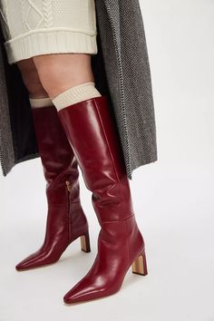 Sylvia Tall Wide Calf Boots | Free People Knee High Block Heel Boots, Wide Calf Boots Red, Chic Wide Calf Mid-calf Boots In Calf Leather, Wide Calf Vintage Mid-calf Boots, Vintage Wide Calf Leather Mid-calf Boots, Tall Leather Mid-calf Boots With Medium Width, Wide Calf Tall Boots, Burgundy Tights, Red Leather Boots