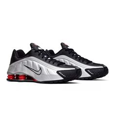 Originally Released In 2000, This 2019 Remake Of The Shock R4 Is Finished In The Og Black And Metallic Silver Colorway. The Build Is True To The Original, Highlighted By Molded Metallic Silver Paneling With Black Leather Trim Around The Toe, Eyestay, And Heel. Contrasting Pops Of Red Are Most Noticeable On The Nike Shox Pillars At The Heel, Delivering A Literal Bit Of Spring With Each Step. Style Code:Bv1111-008 Size:10(44)Men’s Condition: Pre-Owned But In Good Condition. No Box. Shox Nike, Nike Shox R4, Nike Shox, Mens Shoes Sneakers, Leather Trim, Leather Trims, Nike Men, Metallic Silver, Color Palette