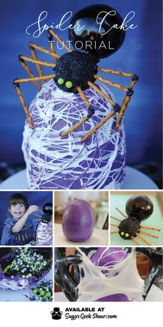 the cake is decorated with purple icing and spider decorations