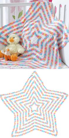 a crochet star is shown next to a baby's bed with a teddy bear