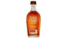 an empty bottle of eliah craig single barrel whiskey on a white background