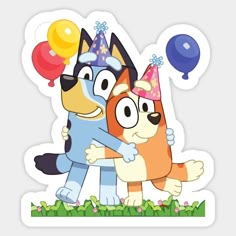 two cartoon dogs hugging each other with party hats on