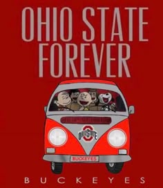 an advertisement for the ohio state forever football team, featuring three dogs in a red vw bus