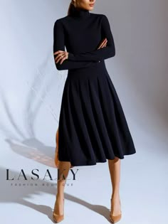 Lasaky - Classic Regular Fit Turtleneck Dress with Elegant Minimalist Design Outfit Minimalista, Warm Winter Dresses, Dark Blue Dress, Office Dresses For Women, Dresses Casual Winter, Turtleneck Dress, Minimalist Dresses, Elegant Outfits, Business Style