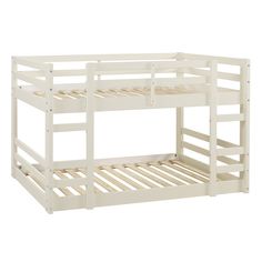 a white bunk bed with wooden slats on the bottom and bottom bunkbeds