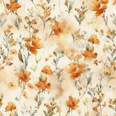watercolor painting of orange flowers and leaves on a white background for wallpaper or fabric