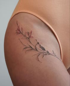 Inner Thigh Hip Tattoo, Underbreast Tattoo Fine Line, Large Lavender Tattoo, Women’s Tattoo Ideas Hip, Leafy Hip Tattoo, Flank Tattoos For Women, Plant Tatoos Idea, Hip Scar Tattoo Cover Up, Thigh Crease Tattoo