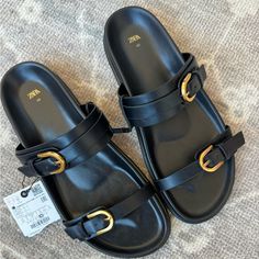 Nwt. Black With Gold Buckles. 1 Inch Sole. Zara Black Sandals, Zara Flats, Zara Sandals, Acrylic Toes, Black Slides, 2025 Vision, Buckle Sandals, Zara Shoes, Zara Black