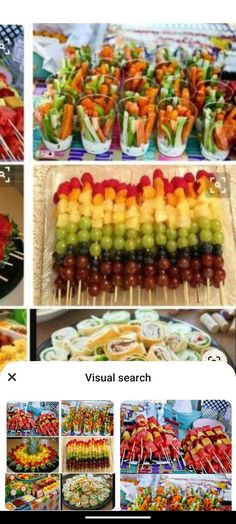 several pictures of various fruits and veggies on skewers, including watermelon