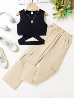 Teen Girls' Cross Back Tank Top And Elastic Waist Cargo Pants Set Multicolor Casual    Colorblock,Plain  Non-Stretch  Teen Girls Clothing, size features are:Bust: ,Length: ,Sleeve Length: Ribbed Tank Top, Girls Summer Outfits, Tween Outfits, Simple Trendy Outfits, Girls Clothing Sets, Ribbed Tank