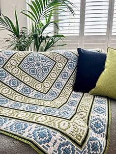 a couch with a blanket on top of it next to a potted palm tree