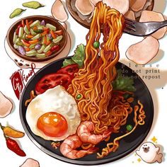 a plate with noodles, meat and vegetables on it