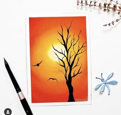 a painting of a tree with the sun in the background and a dragonfly next to it